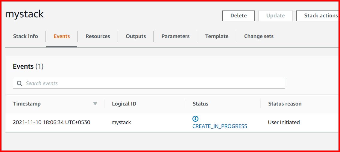 Picture showing the status of stack creation as in progress